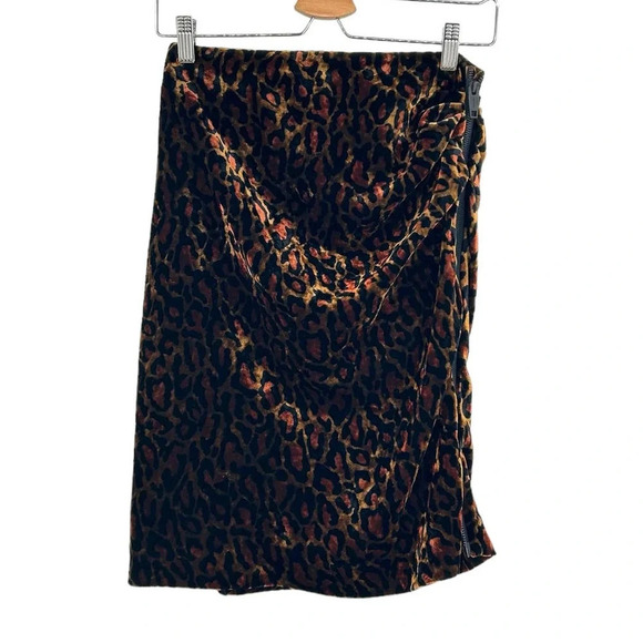 The Kooples Fire Brown Velvet Skirt Leopard Print Front Zipper Size 2 Medium - Picture 2 of 10